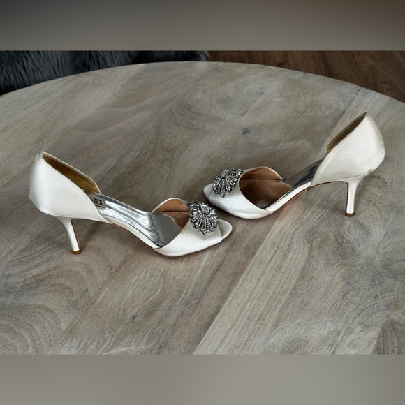 Badgley Mischka Shoes - Badgley Mischka Ivory Satin Heels with Jewel Accents 7.5